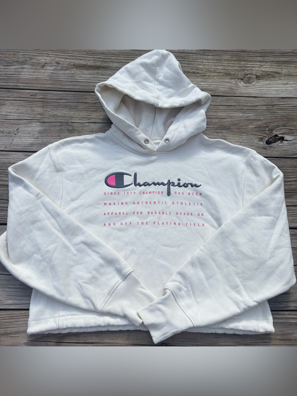 Champion Reverse Weave White Cropped Hoodie Women’s Small Graphic Script Logo